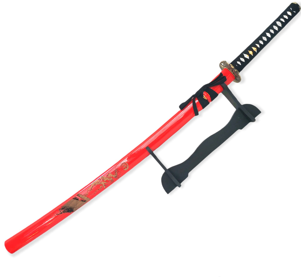 Steel Battle Ready Katana Silver Blade - BLACK Free Stand