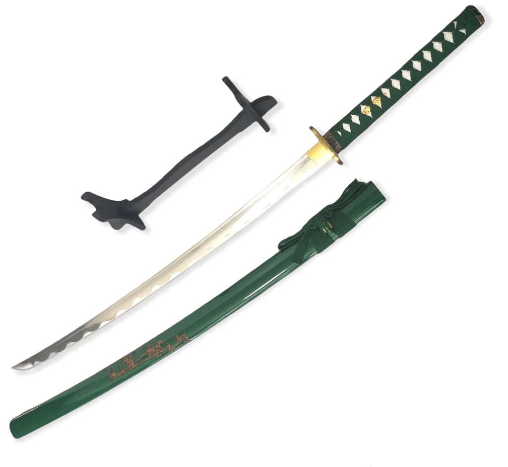 Steel Battle Ready Katana Silver Blade - GREEN GREEN  Free Stand