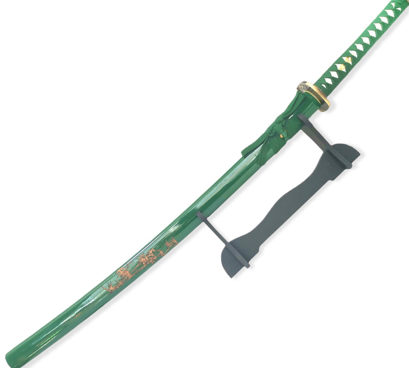 Steel Battle Ready Katana Silver Blade - GREEN GREEN  Free Stand