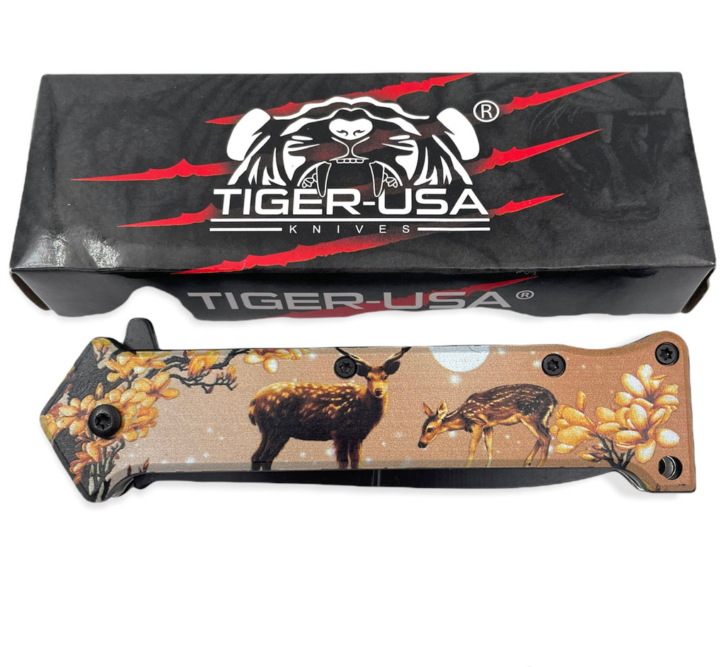 Tiger-USA Spring Assisted Knife - FLORAL DEER 2
