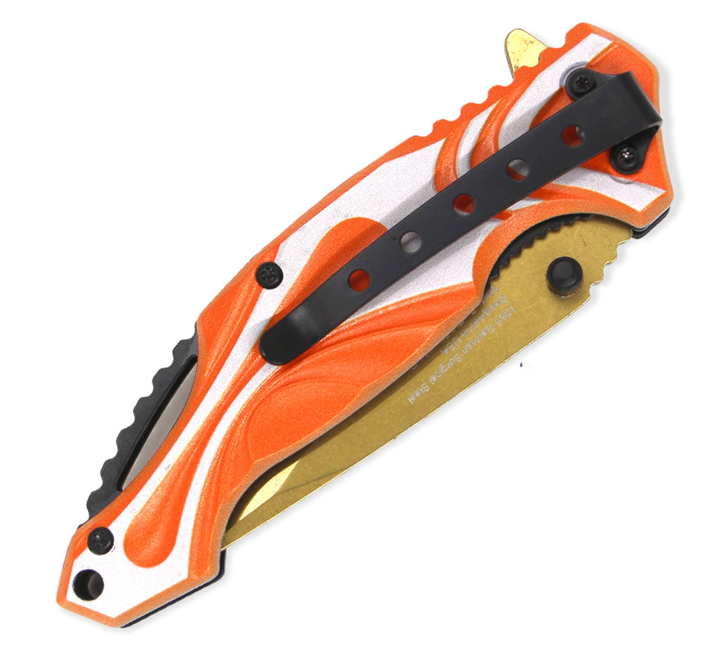 Spring Assisted Blade Tiger-USA Capitol Agent Knife GOLD BLADE AND ORANGE HANDLE