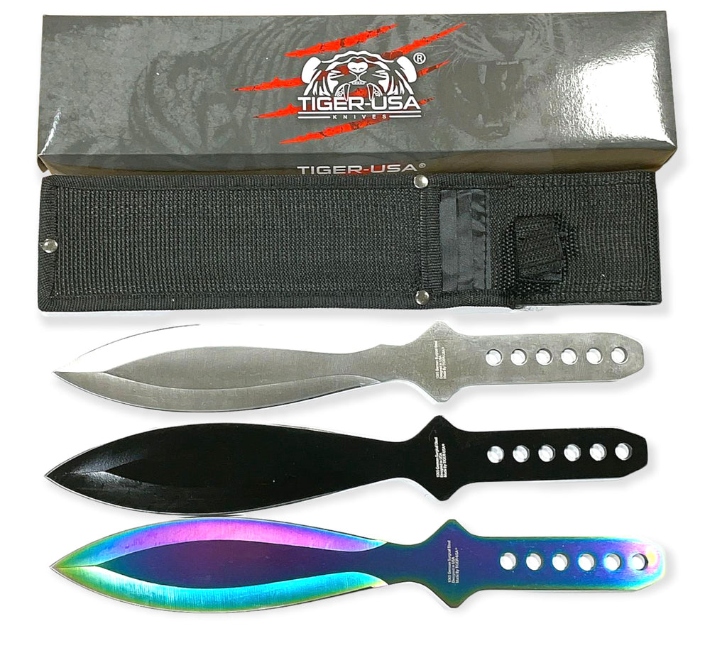 12 Inch BLACK RAINBOW AND SILVER  Tiger Thrower Throwing Knives (Set of 3)