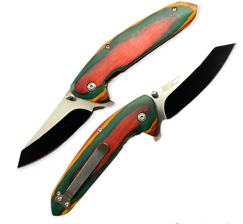 Tiger USA Spring Action BROWN AND GREEN WOOD  Folding knife tanto