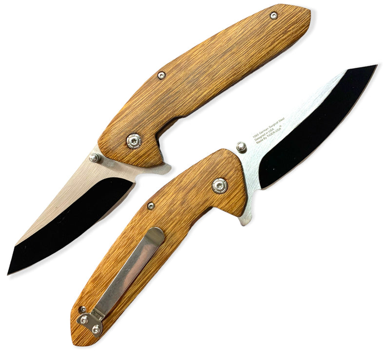 Tiger USA Spring Action WOOD LIGHT BROWN  Folding knife tanto