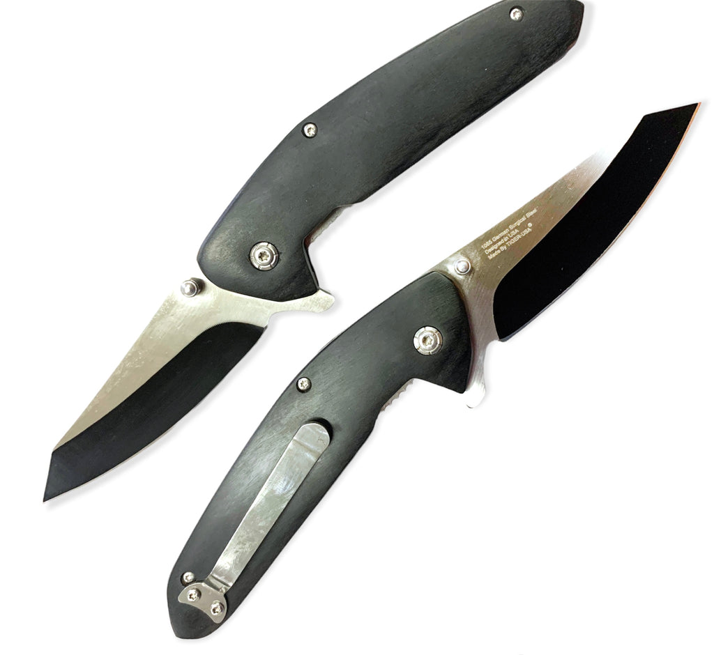 Tiger USA Spring Action BLACK WOOD Folding knife tanto