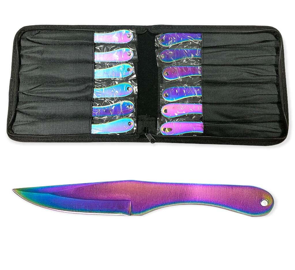 8.5 Inch 12 Piece Black and RAINBOW Throwing Knife Set