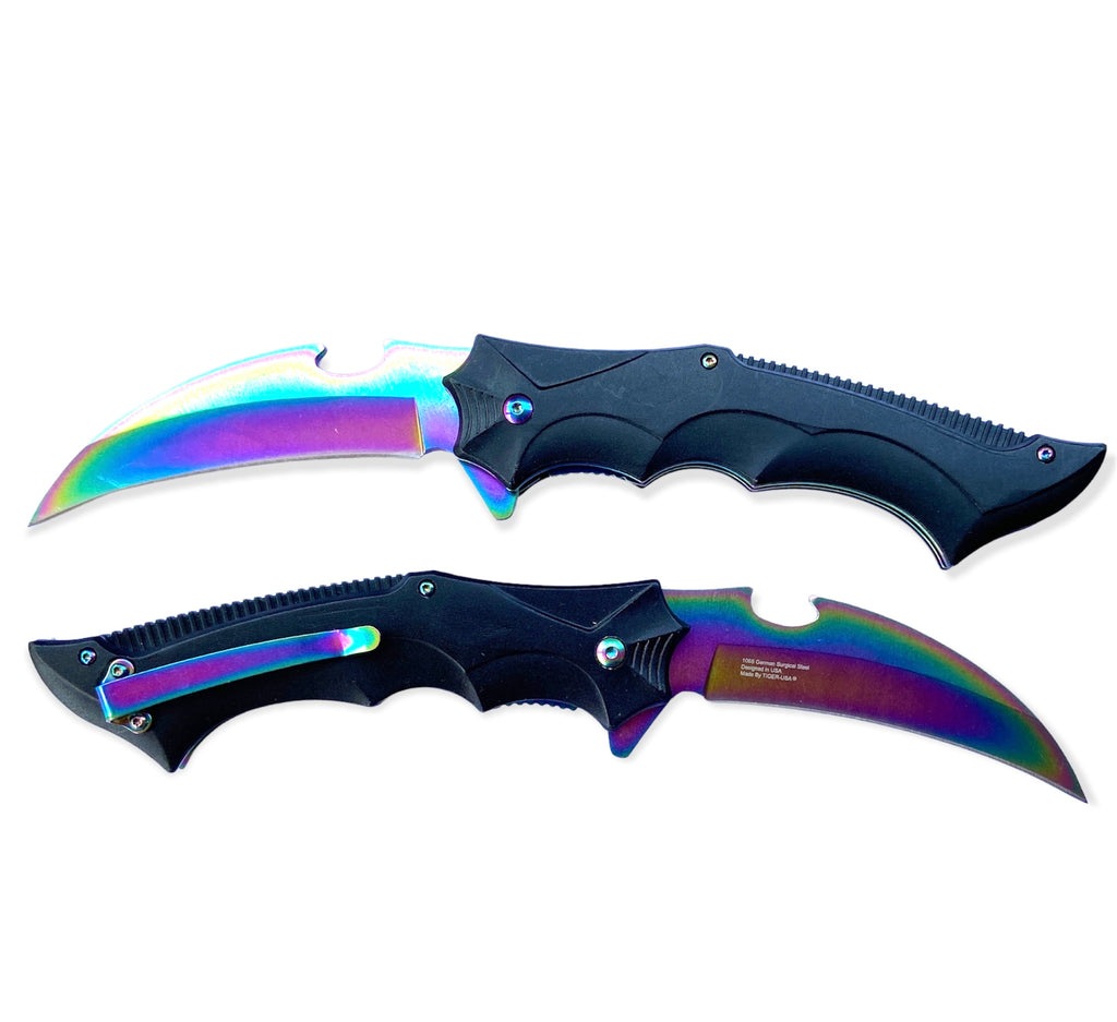 Tiger Usa®   Spring Assisted  Knife - BLACK AND RAINBOW