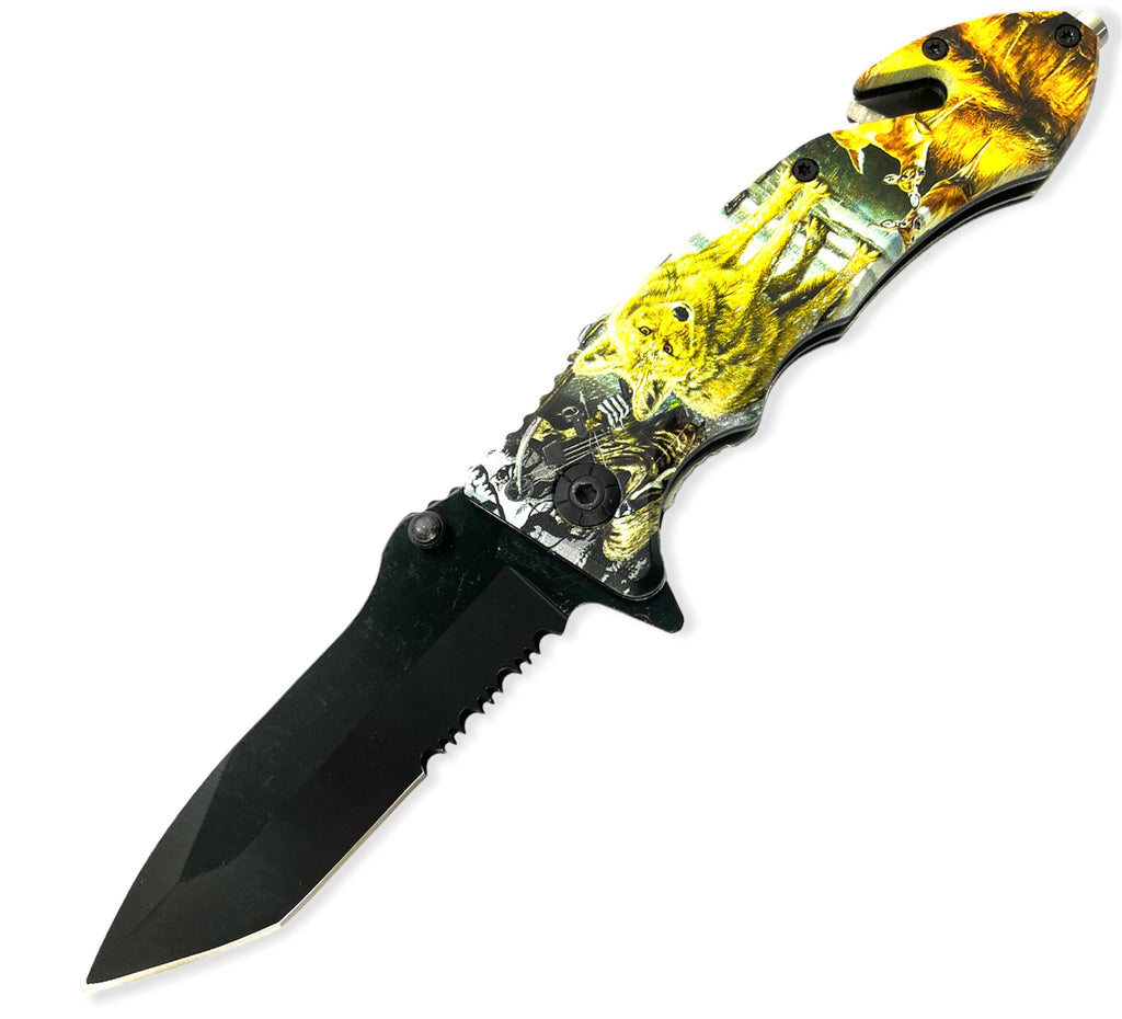 Tiger USA Spring Assisted Knife Tanto  YELLOW WOLF