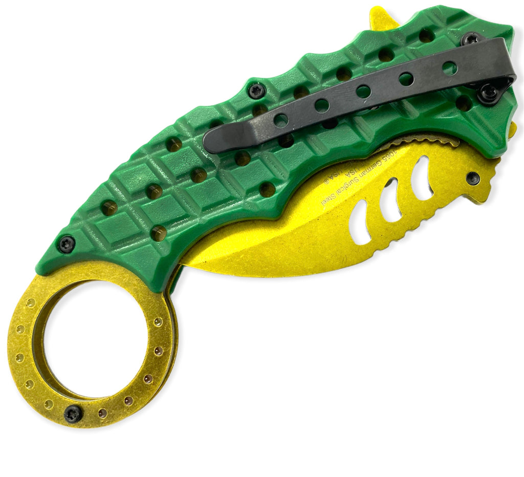 Tiger USA Karambit Style Trigger Assist Knife - GREEN AND GOLD