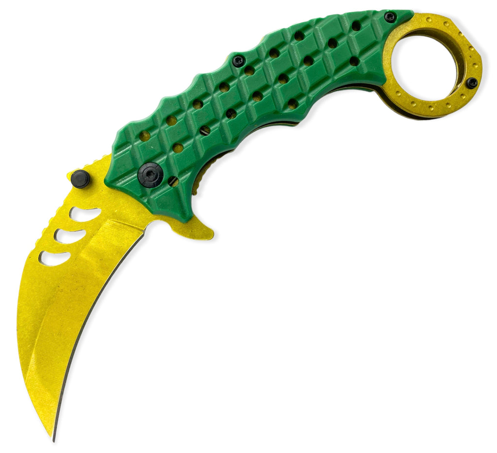 Tiger USA Karambit Style Trigger Assist Knife - GREEN AND GOLD