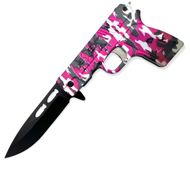 Tiger-USA Pistol Spring Assisted Knife  GREY AND PINK CAMO