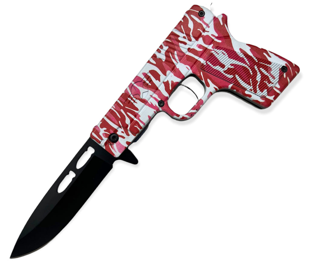 Tiger-USA Pistol Spring Assisted Knife  CAMO WHITE AND RED