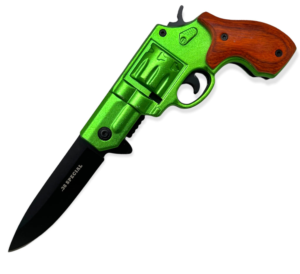 Tiger-USA Pistol Spring Assisted Knife  Revolver Style GREEN WITH WOOD HANDLE