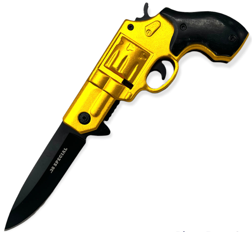 Tiger-USA Pistol Spring Assisted Knife  Revolver Style GOLD