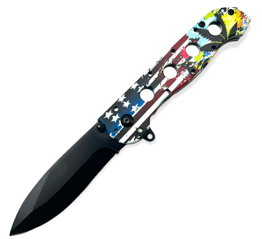 Tiger Usa® Spring Assisted Knife  FLAG Rasta Leaf
