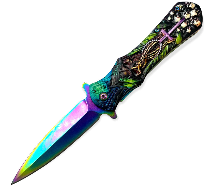 Tiger-USA Pistol Spring Assisted Knife  SKULL WITH CROSS  RAINBOW