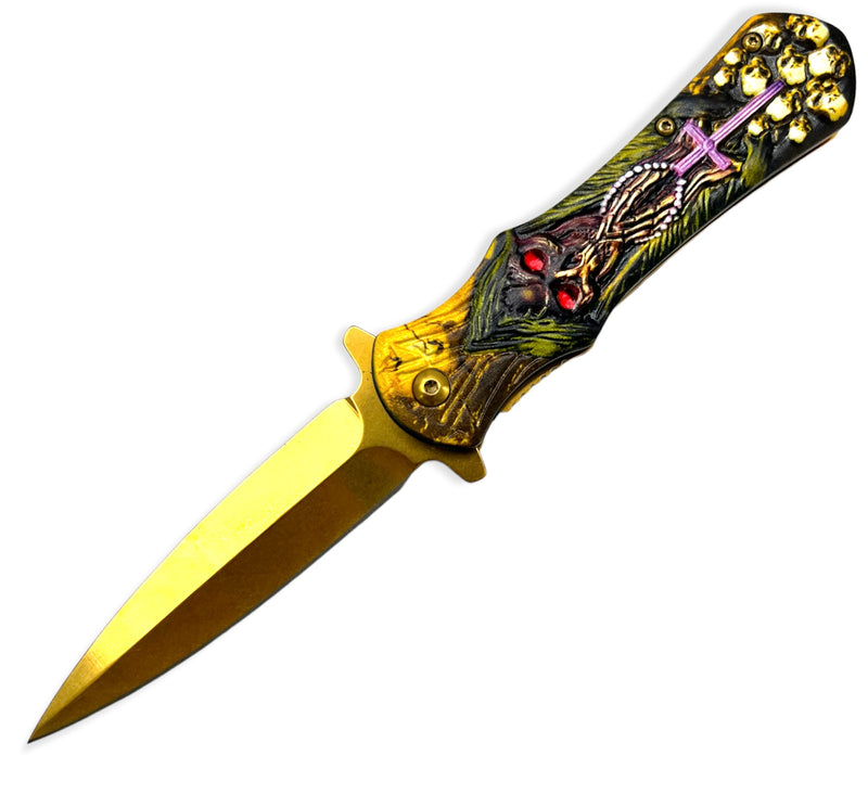 Tiger-USA  Spring Assisted Knife  SKULL WITH CROSS  GOLD