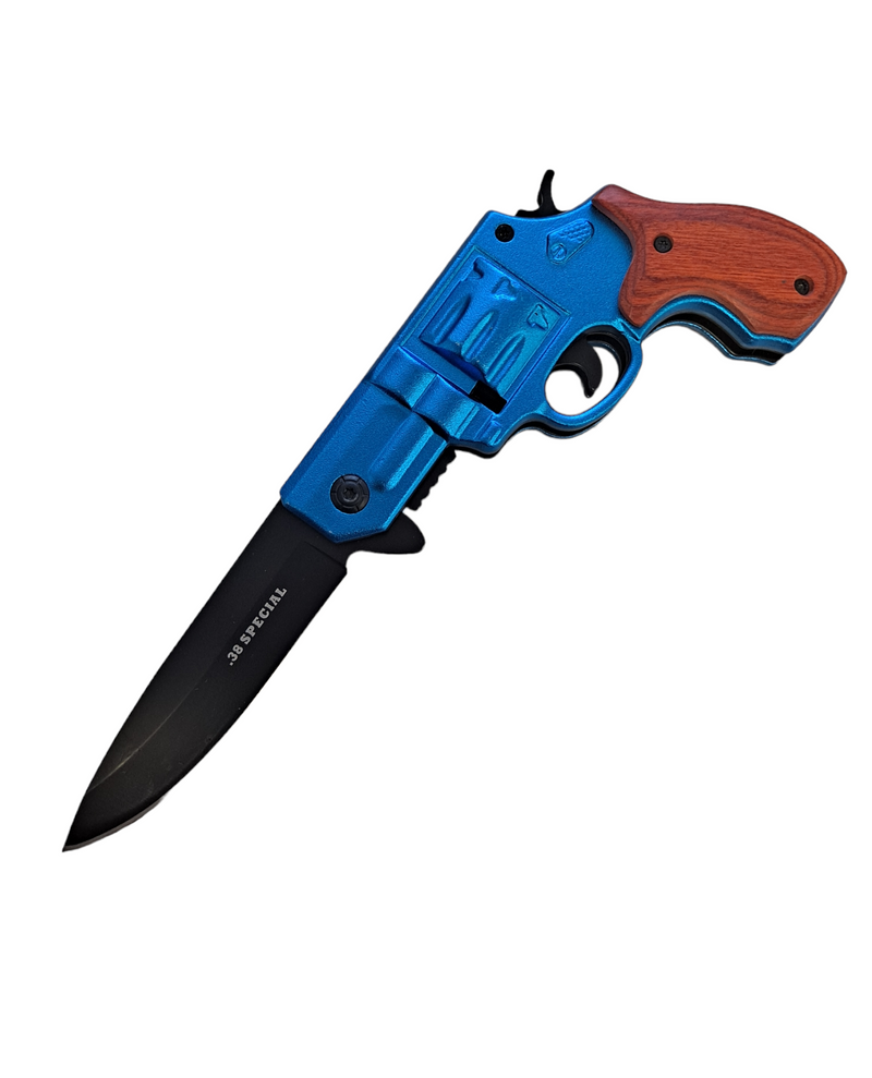 Tiger-USA Pistol Spring Assisted Knife  Revolver Style BLUE with WOOD HANDLE