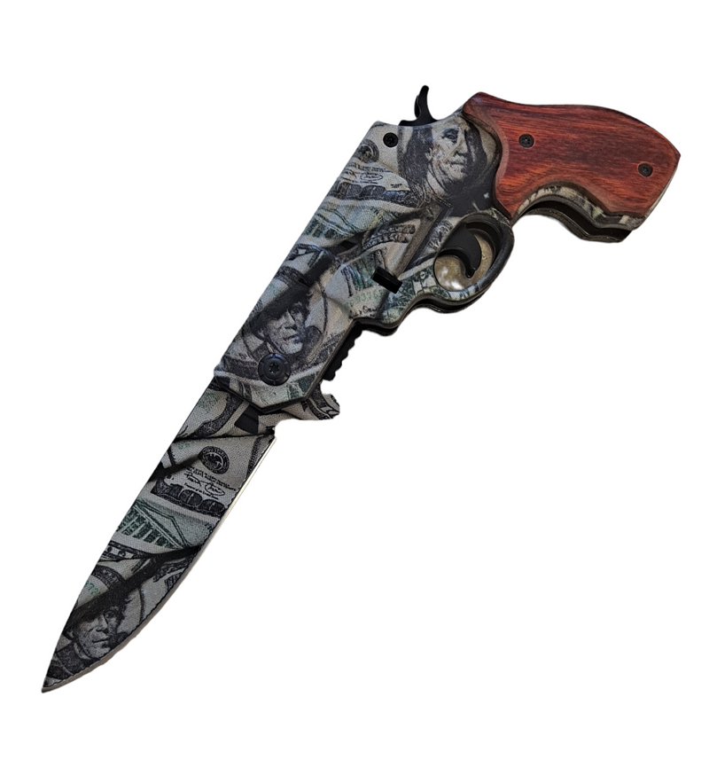 Tiger-USA Pistol Spring Assisted Knife  Revolver Style DOLAR CAMMO with WOOD HANDLE