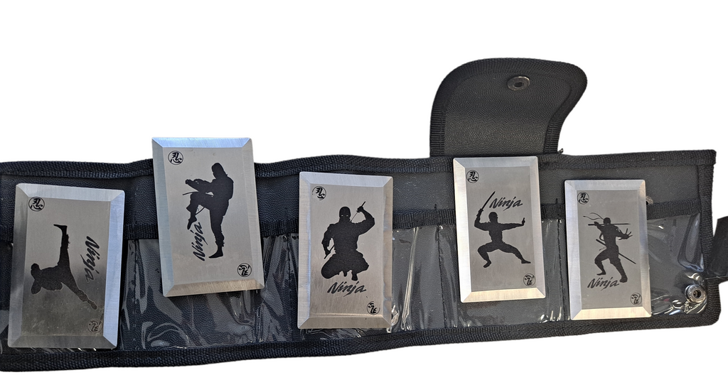 NINJA- Silver 5 piece Throwing Cards with Nylon Case