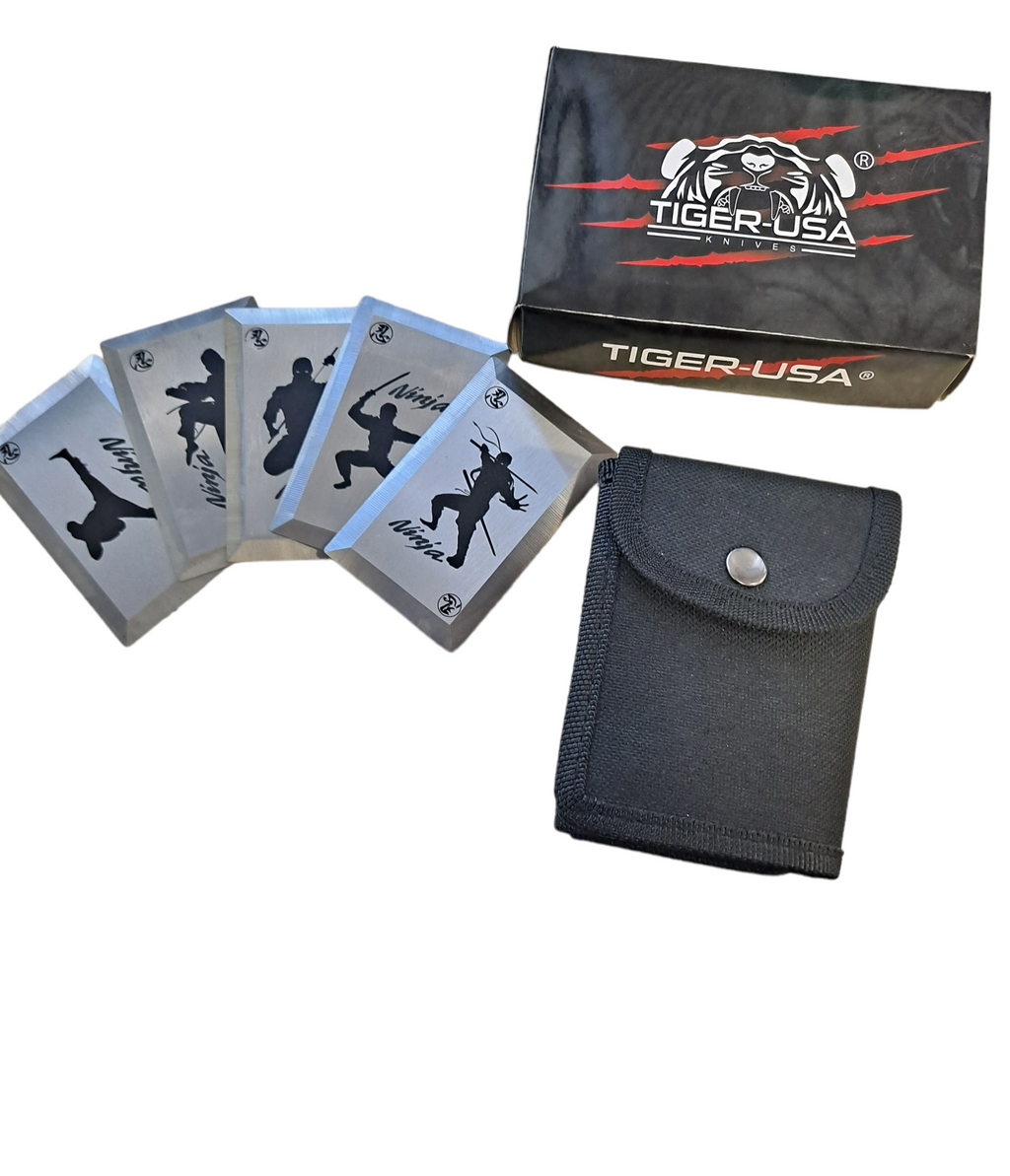 NINJA- Silver 5 piece Throwing Cards with Nylon Case