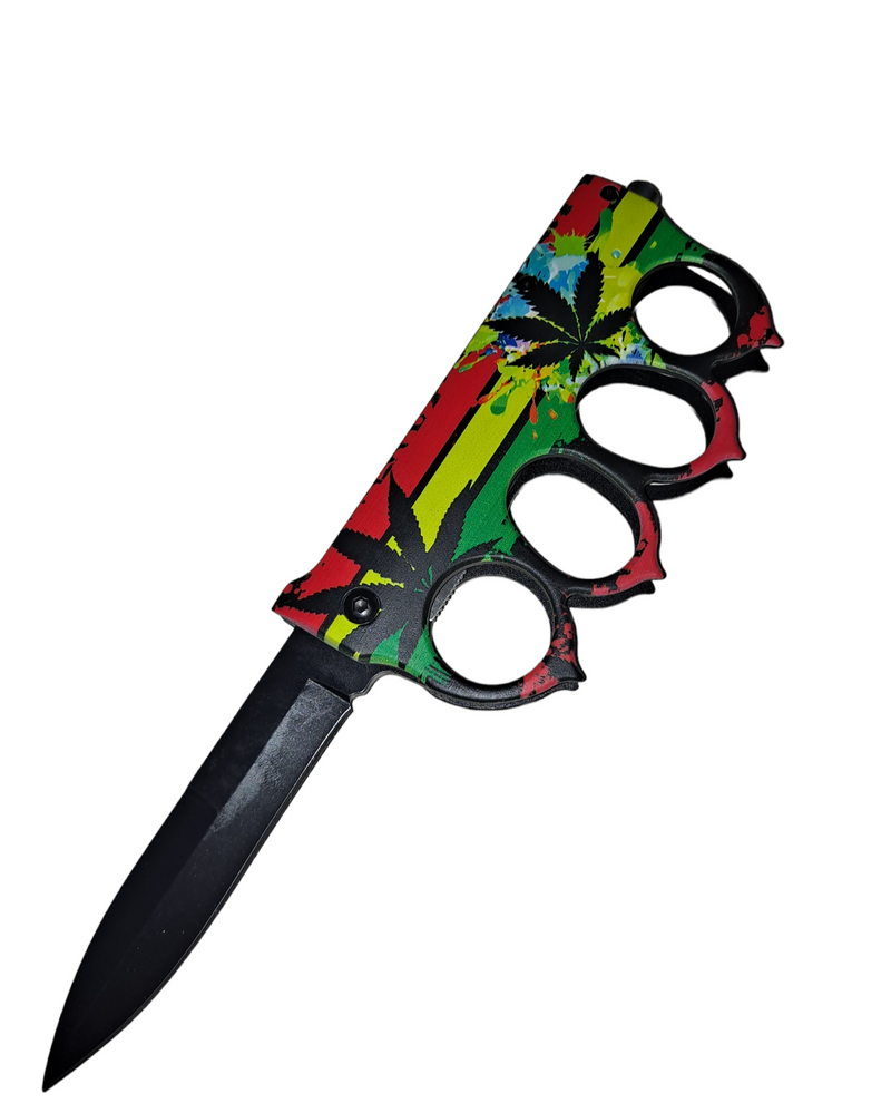 Tropical leaves red yellow and green Knuckle Knife w clip - TIGER USA