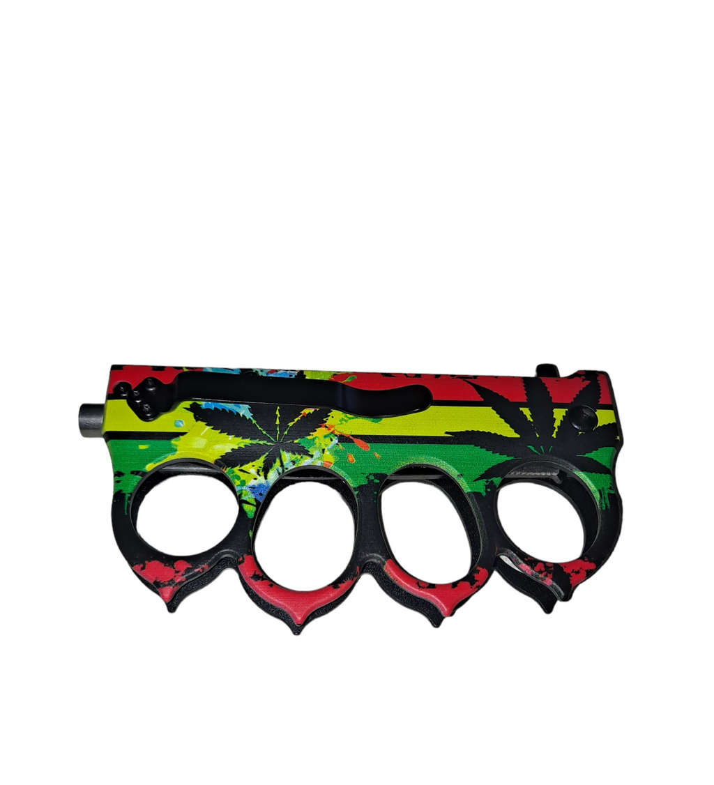 Tropical leaves red yellow and green Knuckle Knife w clip - TIGER USA