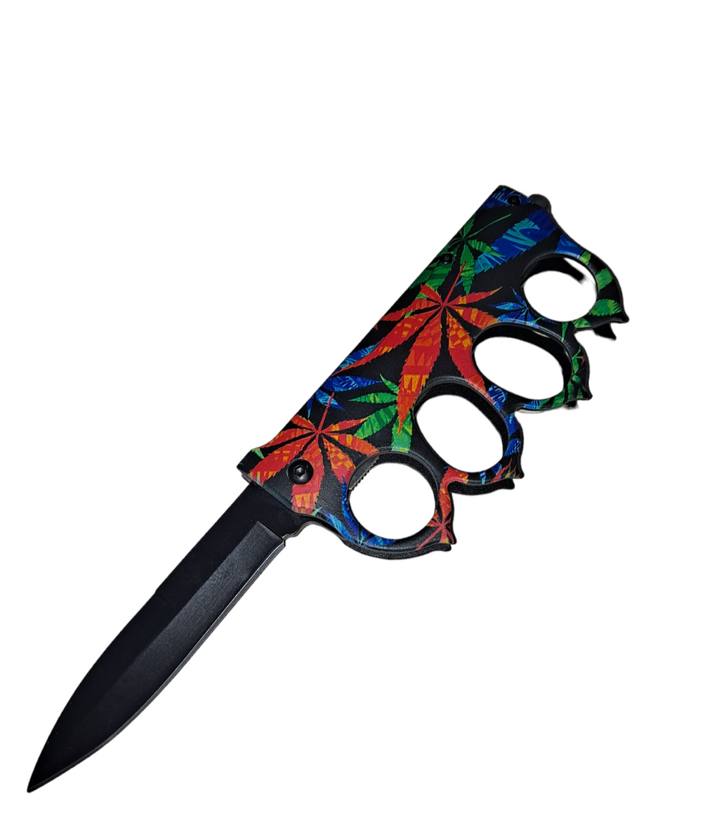 Tropical leaves Knuckle Knife w clip - TIGER USA