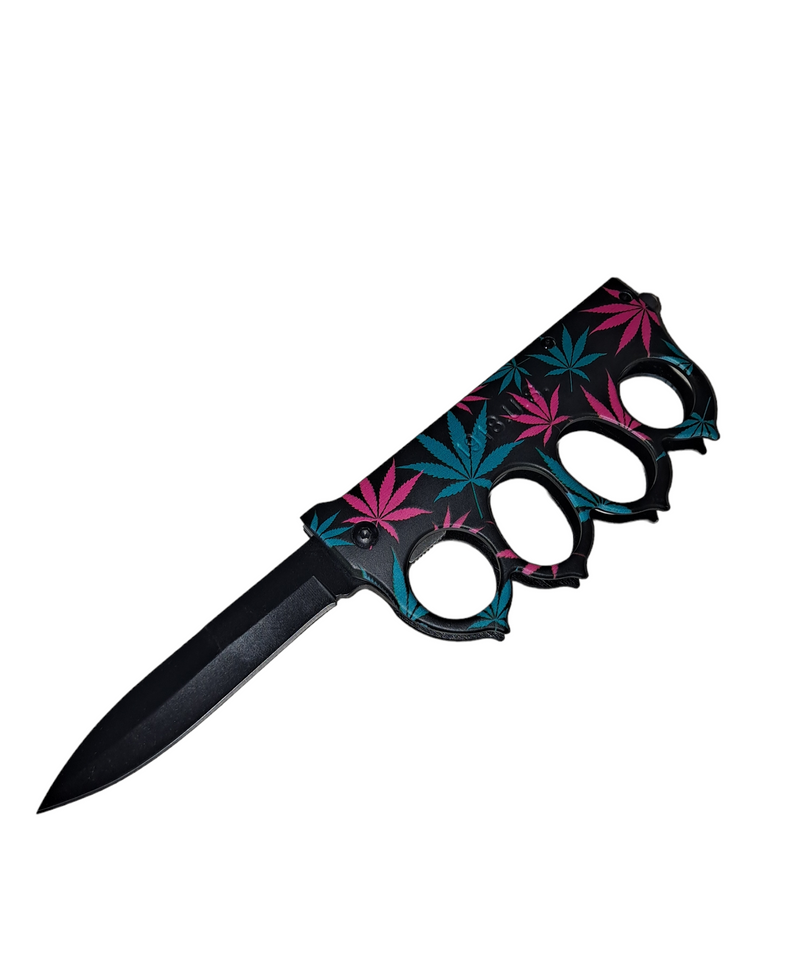 Tropical Leaves Turquoise&pink Knuckle Knife w clip - TIGER USA