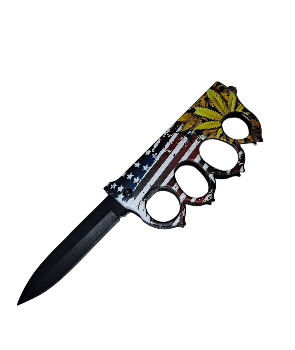 American Flag & YellowTropical Leaves Knuckle Knife w clip - TIGER USA