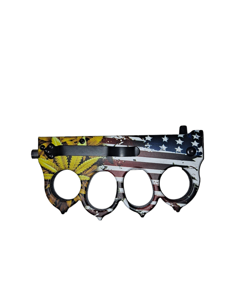 American Flag & YellowTropical Leaves Knuckle Knife w clip - TIGER USA