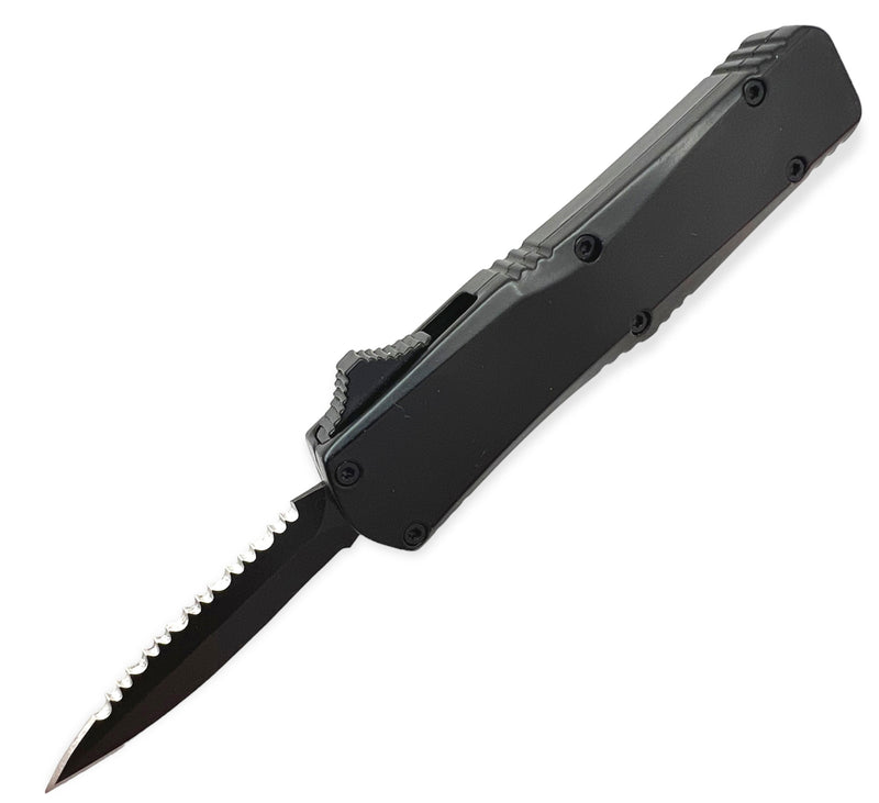 OTF Automatic Knife Drop Point  - Black One Side Serrated