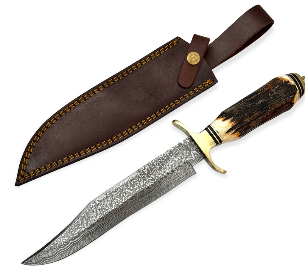 Red Deer®15 inch Damuscus Hunting Knife W.Leather Case