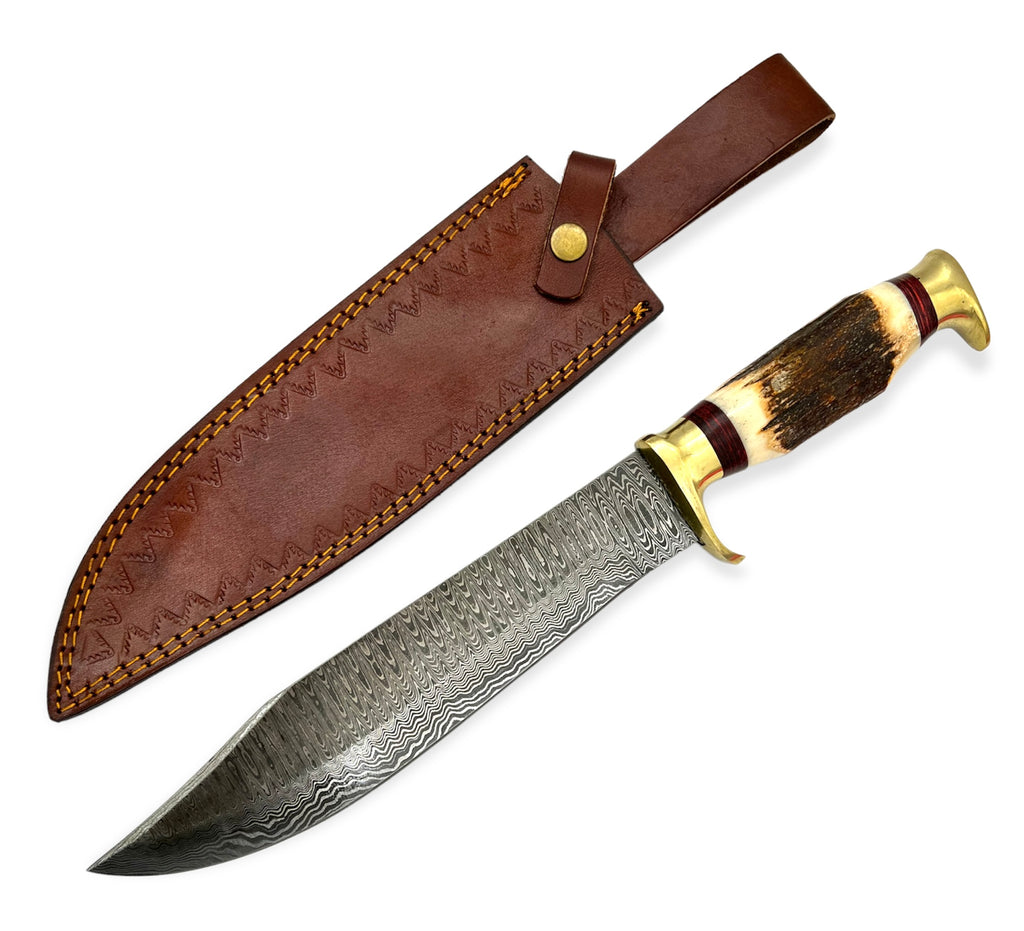 Red Deer® 15.5 inch Damuscus Hunting Knife W.Leather Case