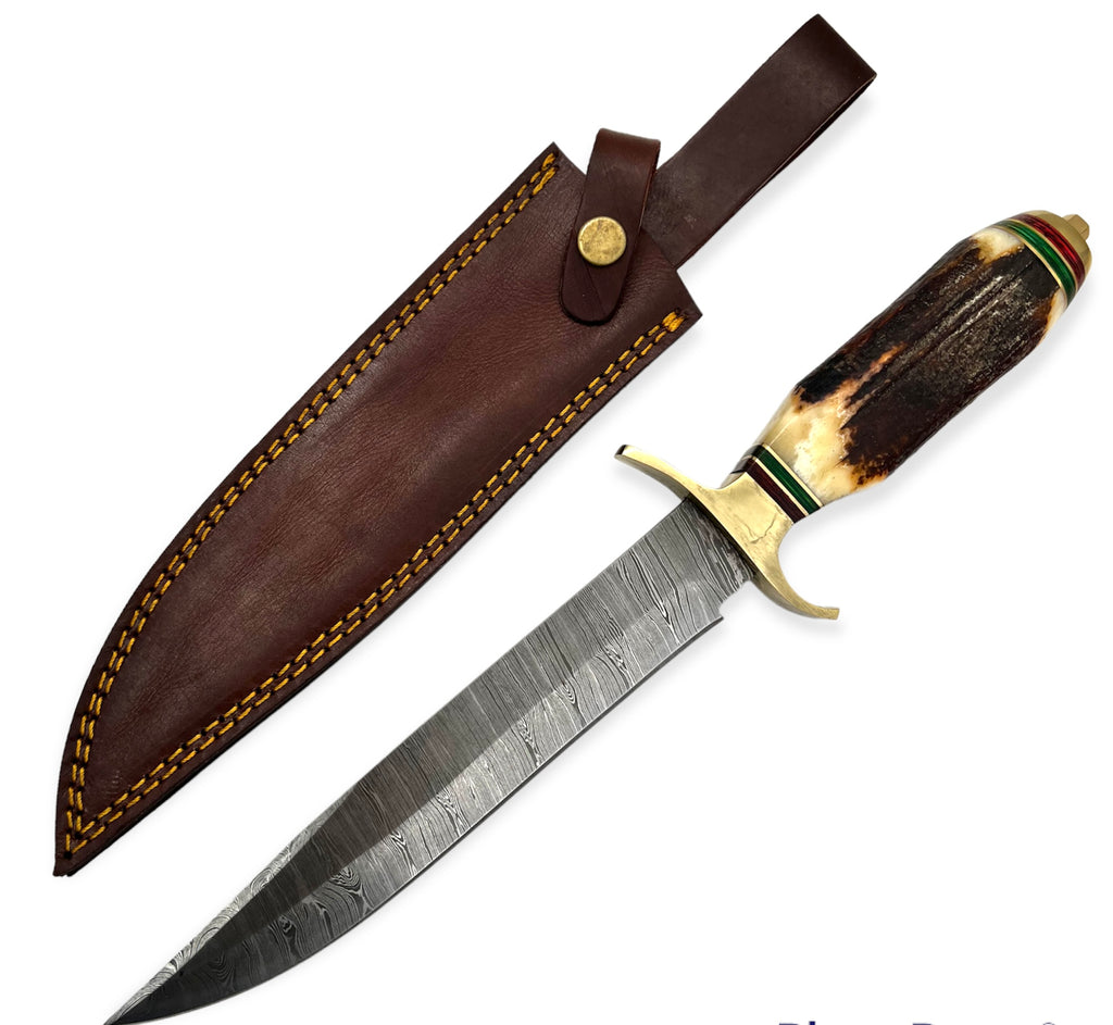 Red Deer®15 inch Damuscus Hunting Knife W.Leather  Case