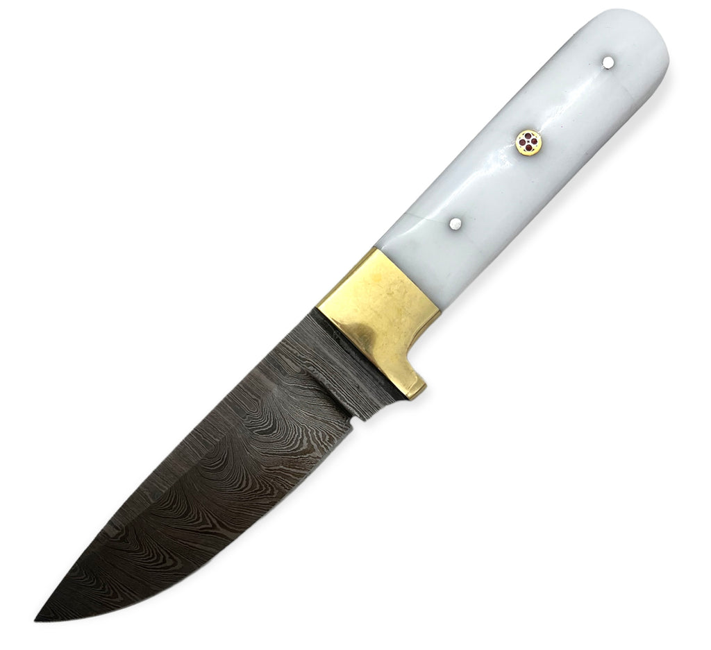 Red Deer® 8.75 inch Damuscus Hunting Knife W.Leather Case WHITE HANDLE