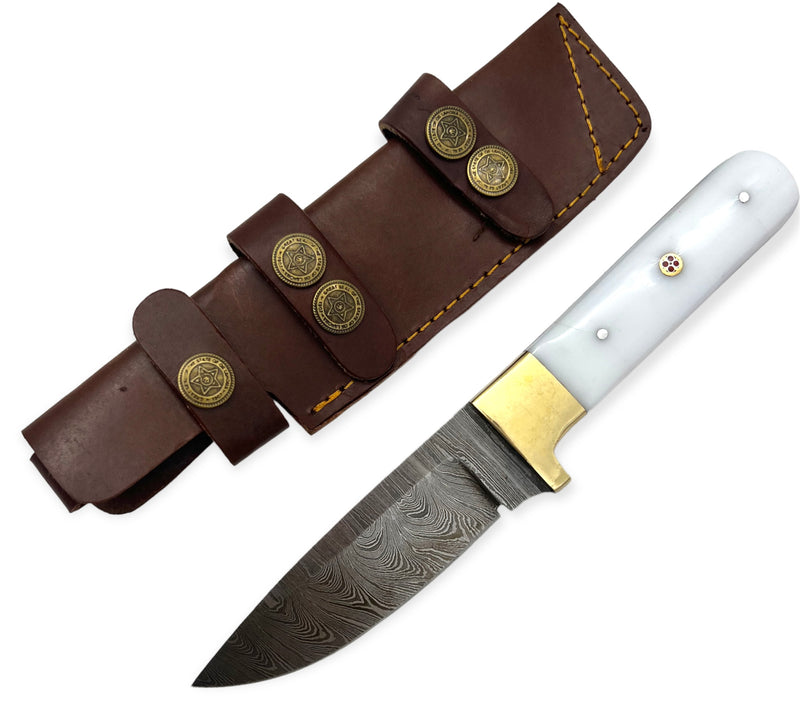 Red Deer® 8.75 inch Damuscus Hunting Knife W.Leather Case WHITE HANDLE