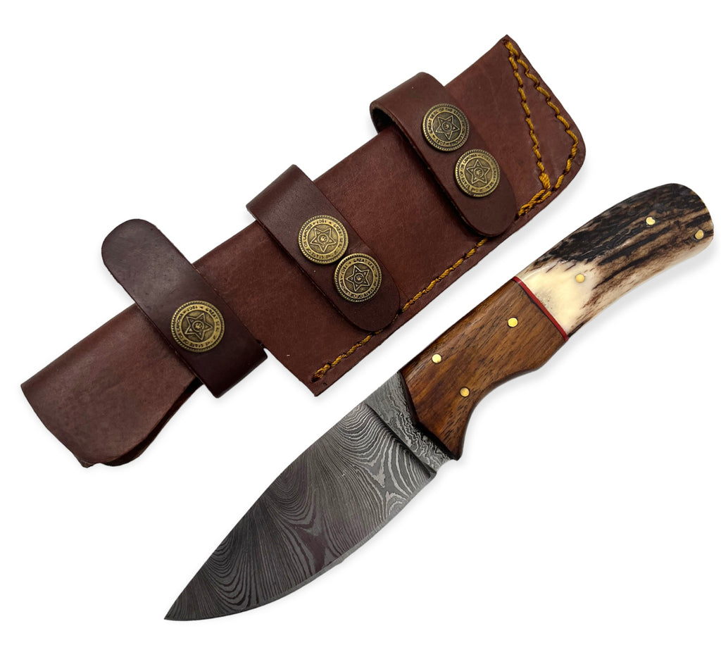 Red Deer® 8.0 inch Damuscus Hunting Knife W. Leather Case
