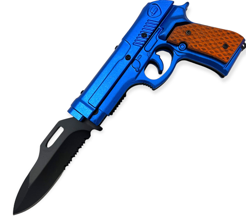 Tiger-USA Lock, Stock and Cock Back Pistol Spring Assisted Knife BLUE