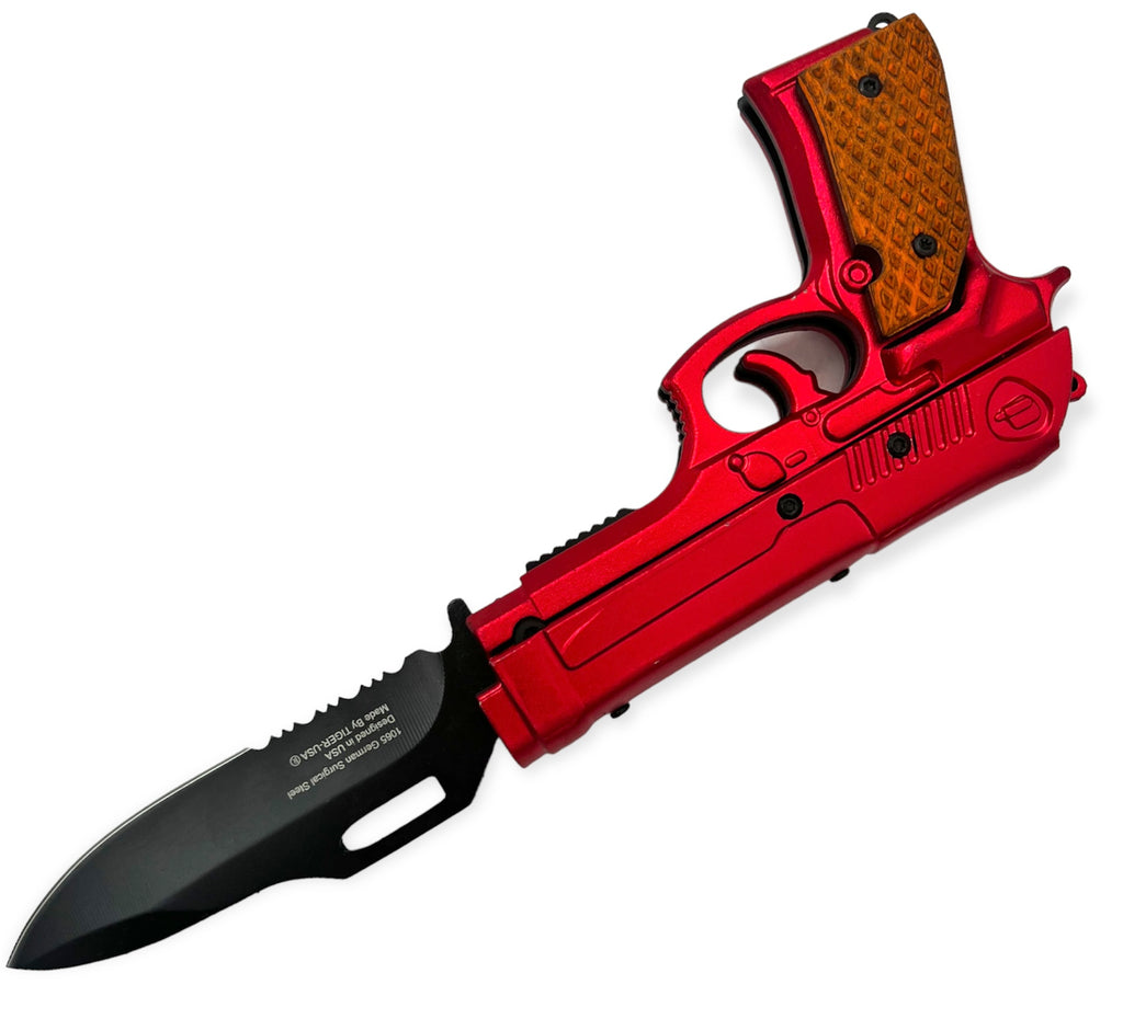 Tiger-USA Lock, Stock and Cock Back Pistol Spring Assisted Knife RED