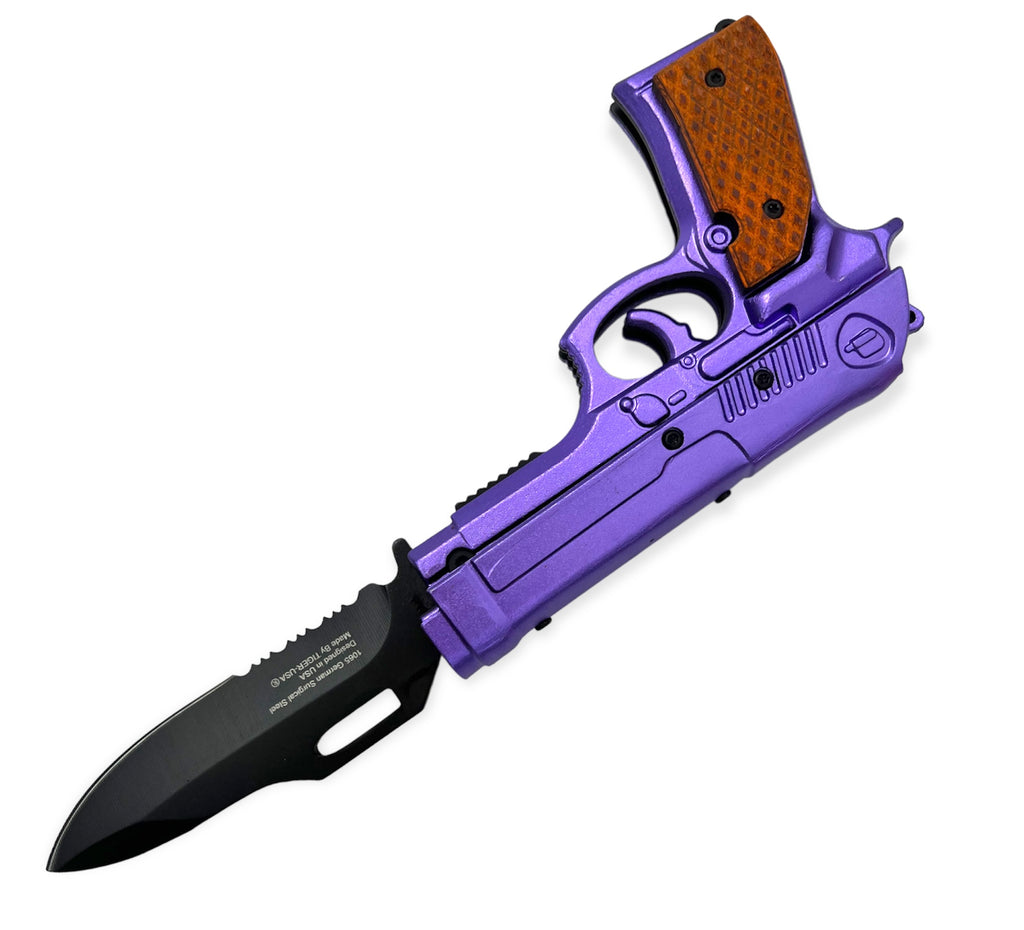 Tiger-USA Lock, Stock and Cock Back Pistol Spring Assisted Knife  PURPLE