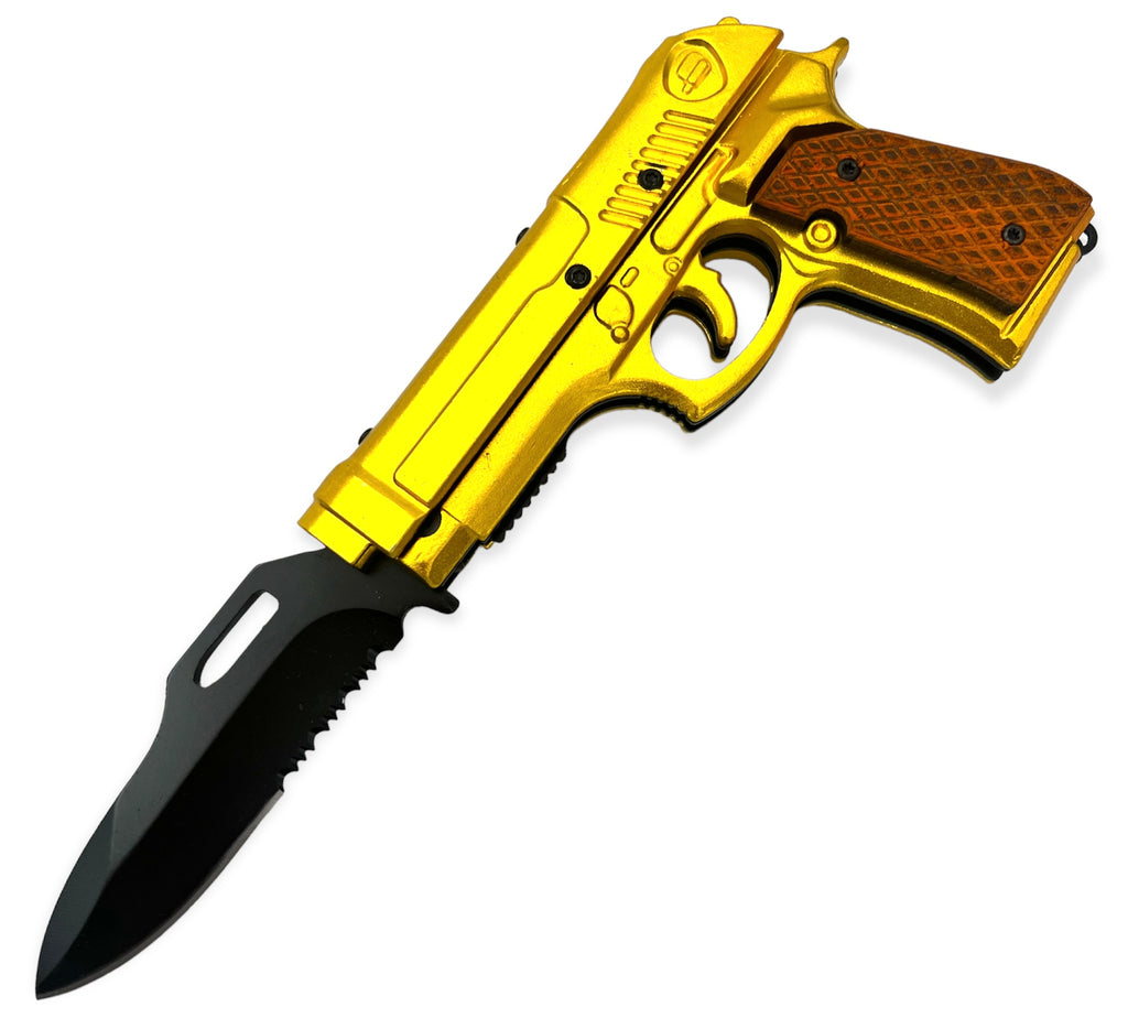 Tiger-USA Lock, Stock and Cock Back Pistol Spring Assisted Knife GOLD