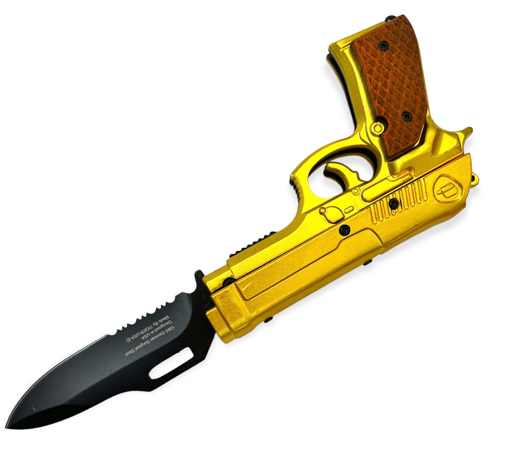 Tiger-USA Lock, Stock and Cock Back Pistol Spring Assisted Knife GOLD
