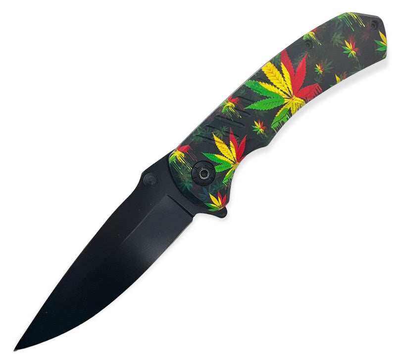 Tiger-USA Spring Assisted Knife -Black with rasta Plant