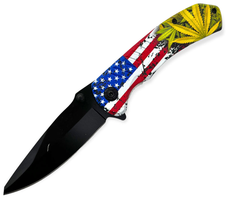 Tiger-USA Spring Assisted Knife -Black with rasta Plant AMERICAN FLAG