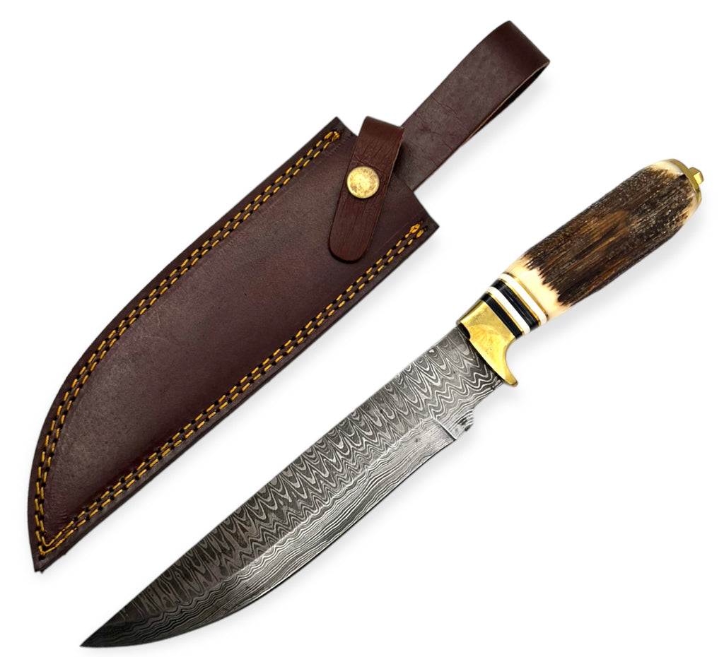 Red Deer®13 inch Damuscus Hunting Knife W.Leather Case