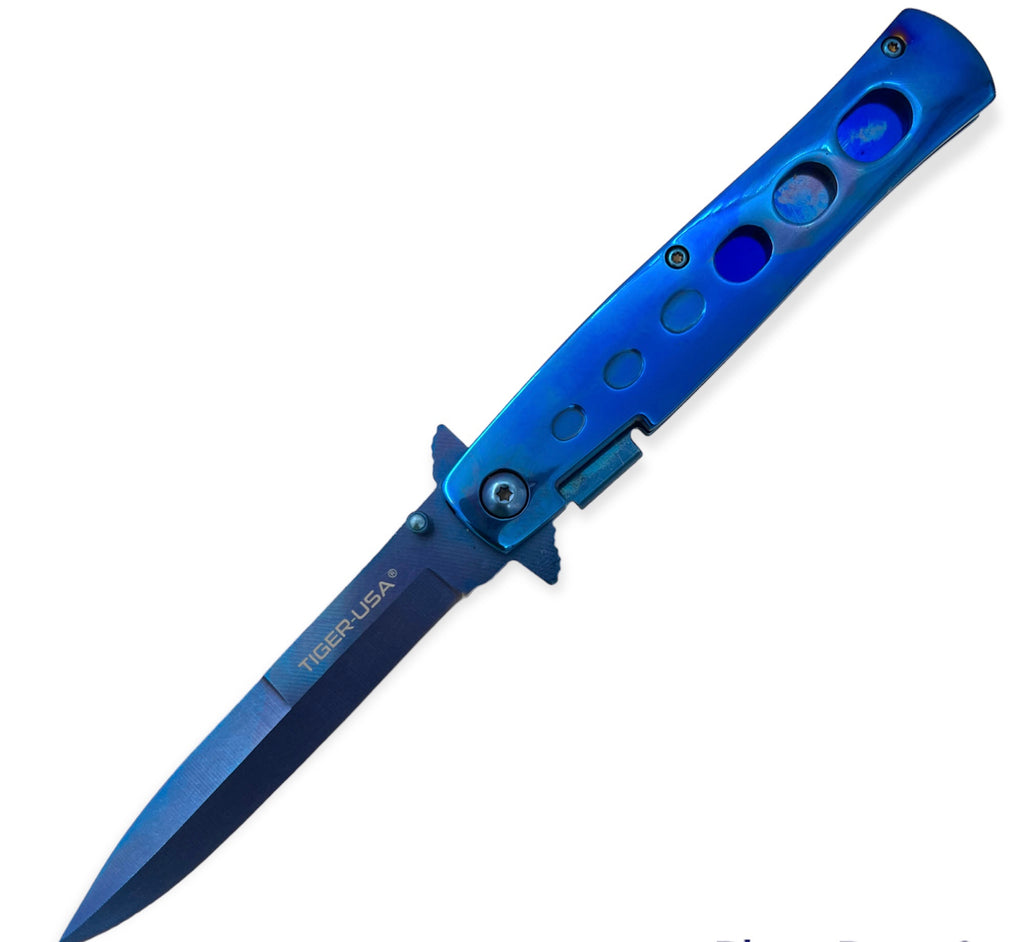 8.5 Inch stiletto style Milano Spring Action Knife -BLUE