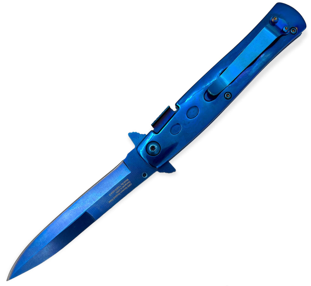 8.5 Inch stiletto style Milano Spring Action Knife -BLUE