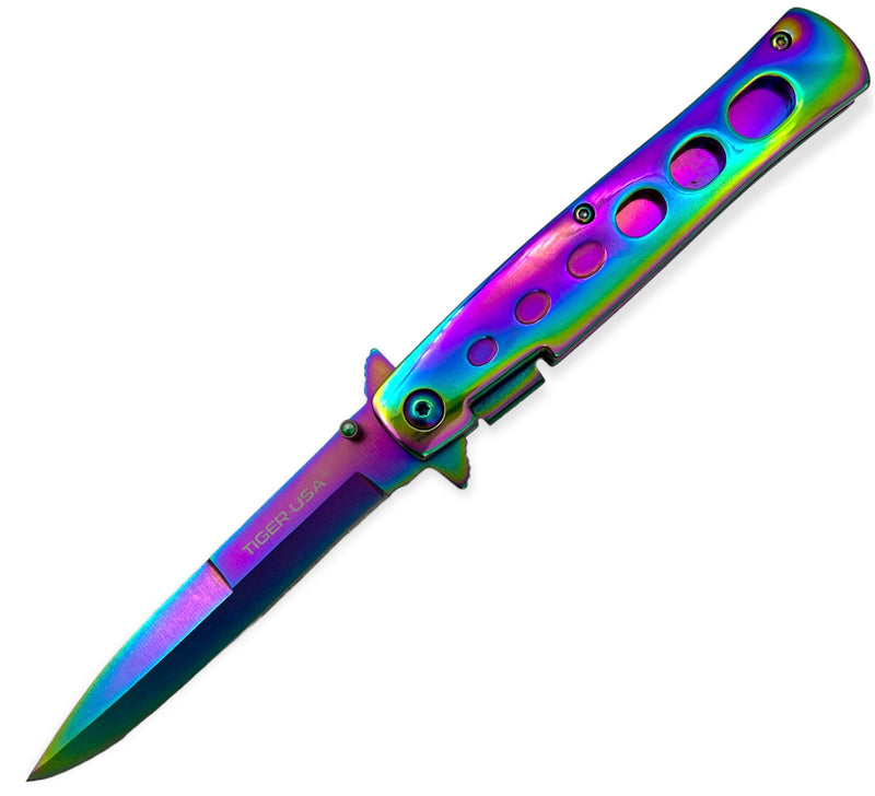 8.5 Inch stiletto style Milano Spring Action Knife - Rainbow