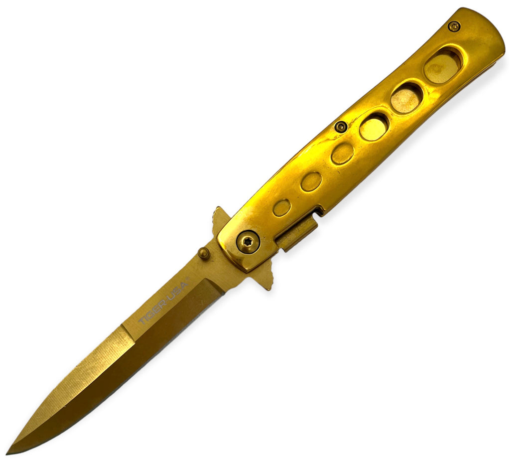 8.5 Inch stiletto style Milano Spring Action Knife - Gold